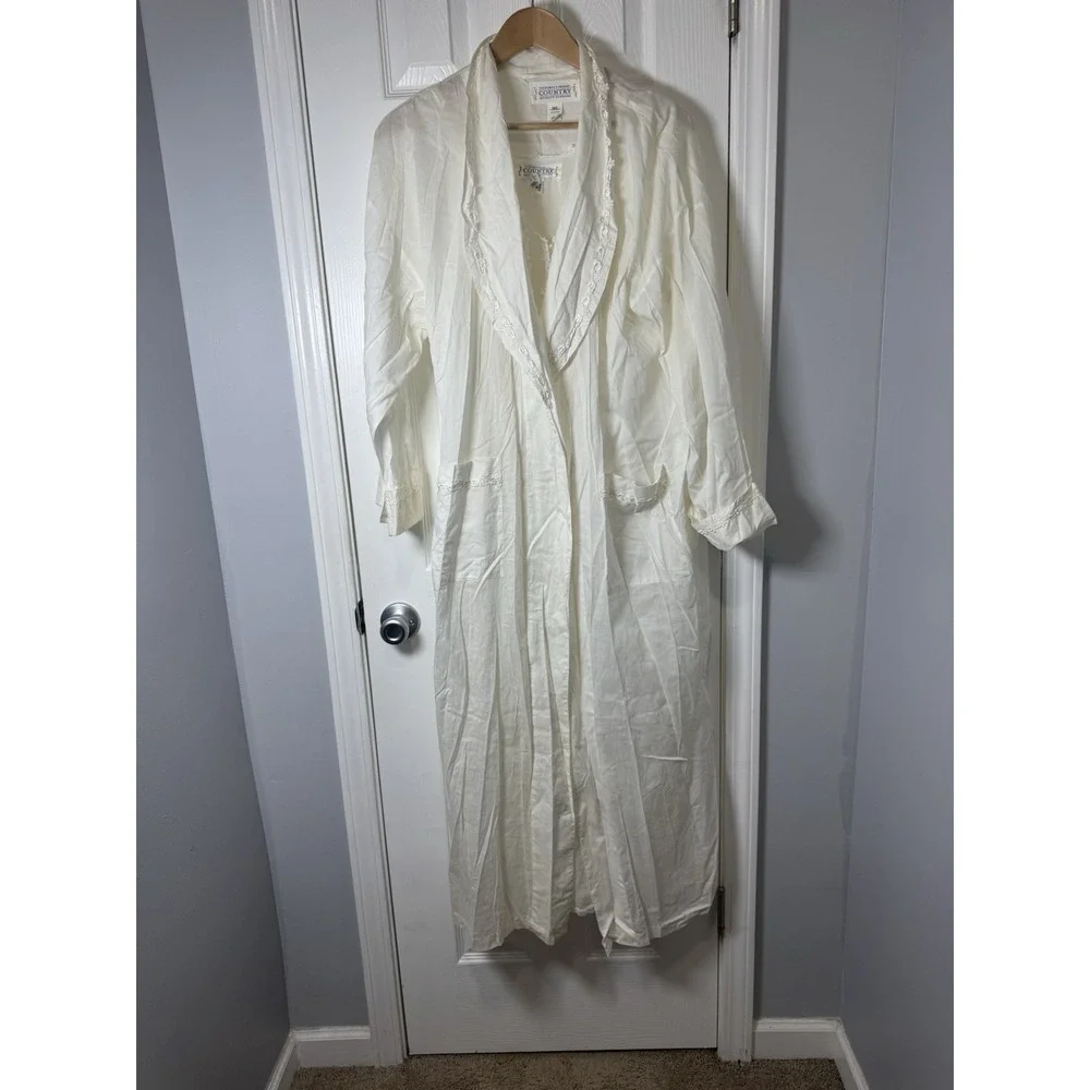 Vtg Victoria's Secret Country Cottons White Nightgown Robe Women's M/L 2pc Set